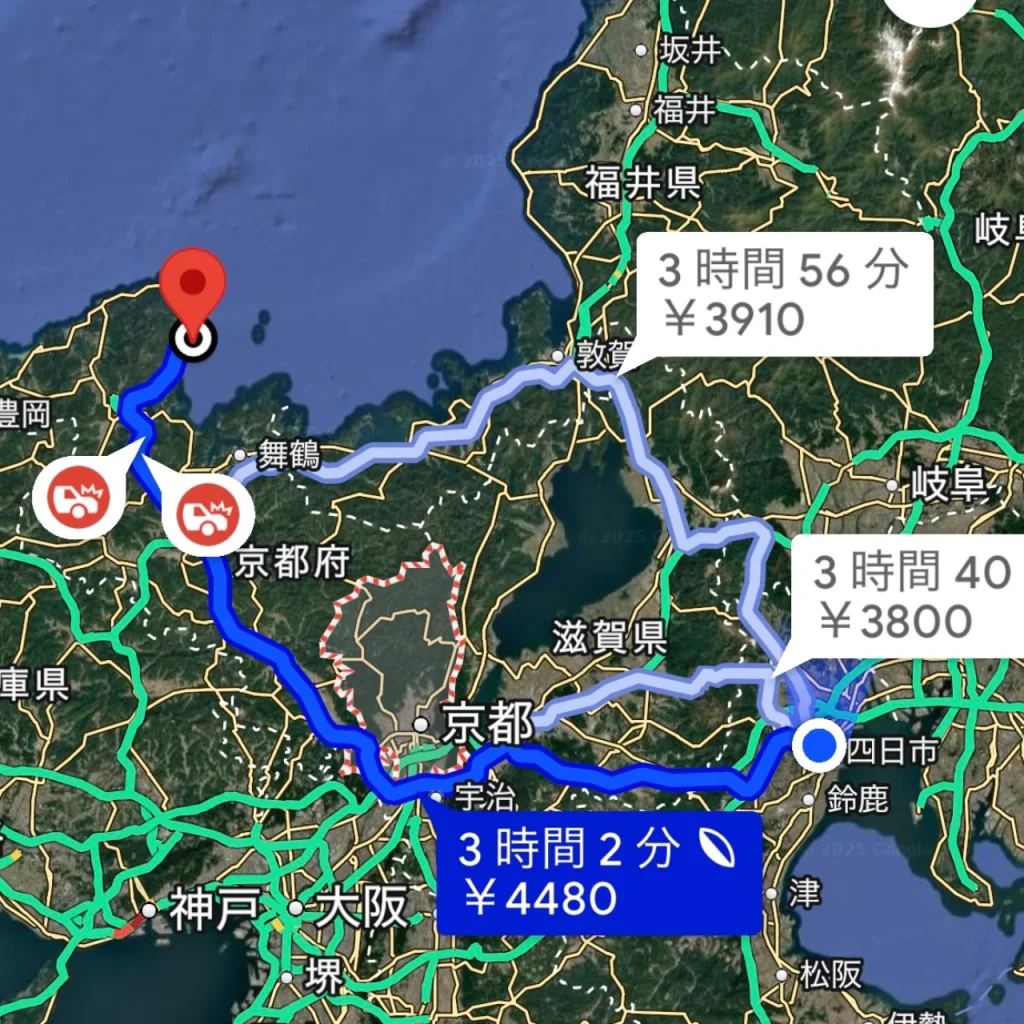 地図アプリの画像です。四日市から京都伊根への経路が描かれています。