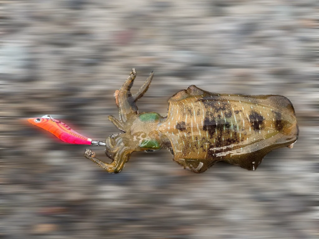 あんこもちが伊根エリアの漁港で釣ったアオリイカの写真です!捕食のためイカが黒っぽい色に変わろうとしています。